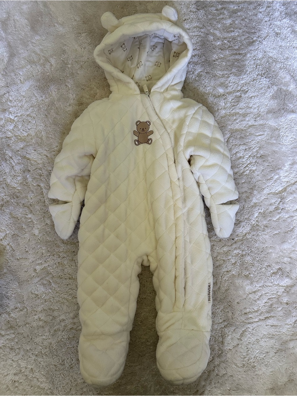 Wippette Cream Quilted Baby One-Piece with Bear Hood